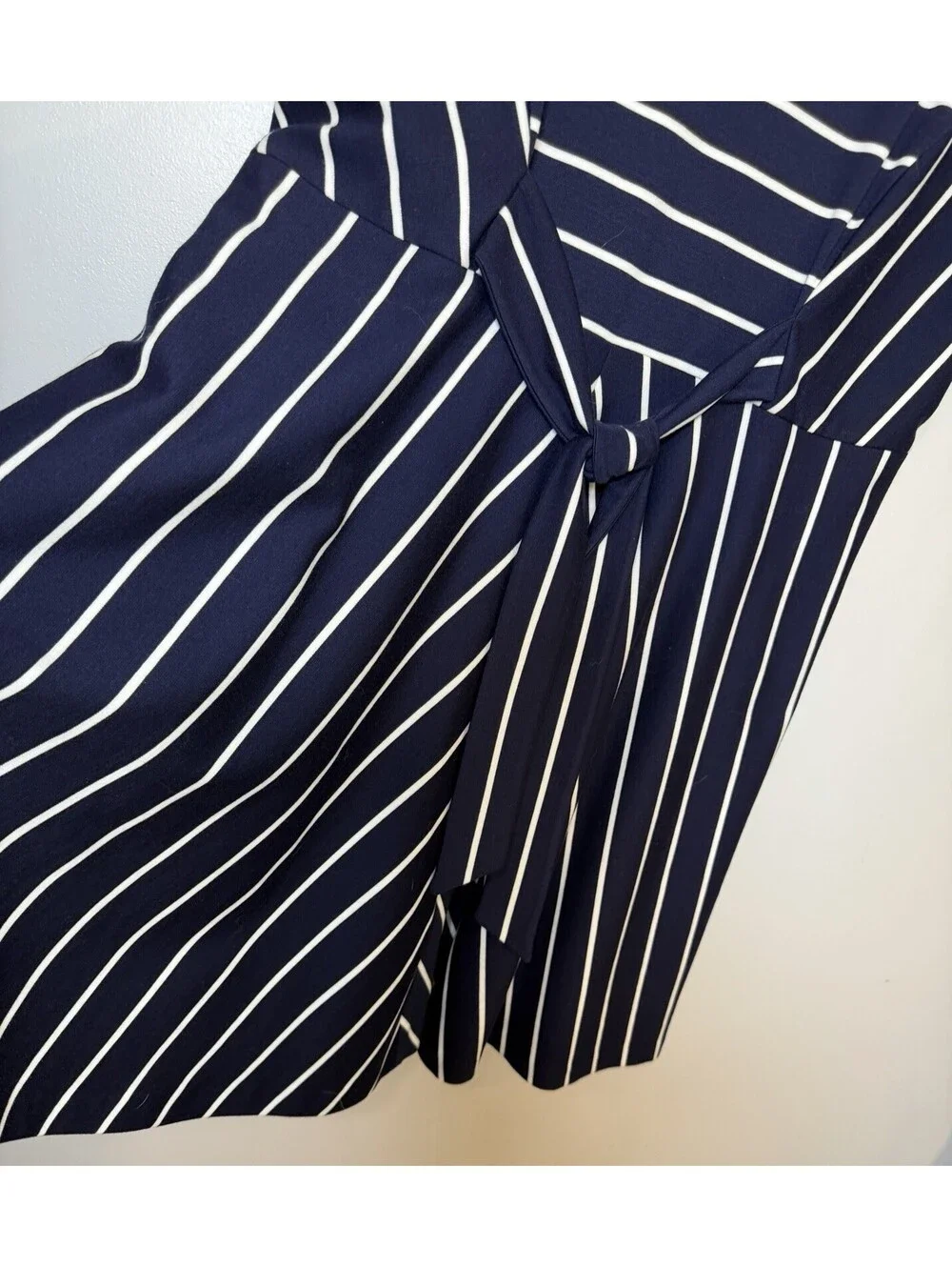 1901 Nordstrom Navy White Stripe Tie Waist Fit Flare A-Line Dress Cap Sleeve 18